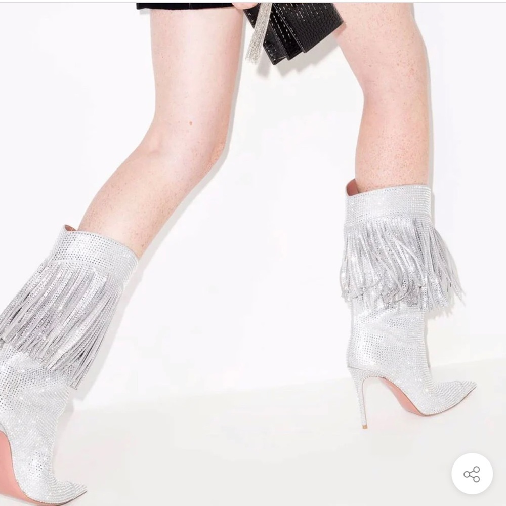 GLITTER FRINGE RHINESTONE EMBELLISHED POINTED TOE STILETTO BOOTS - SILVER